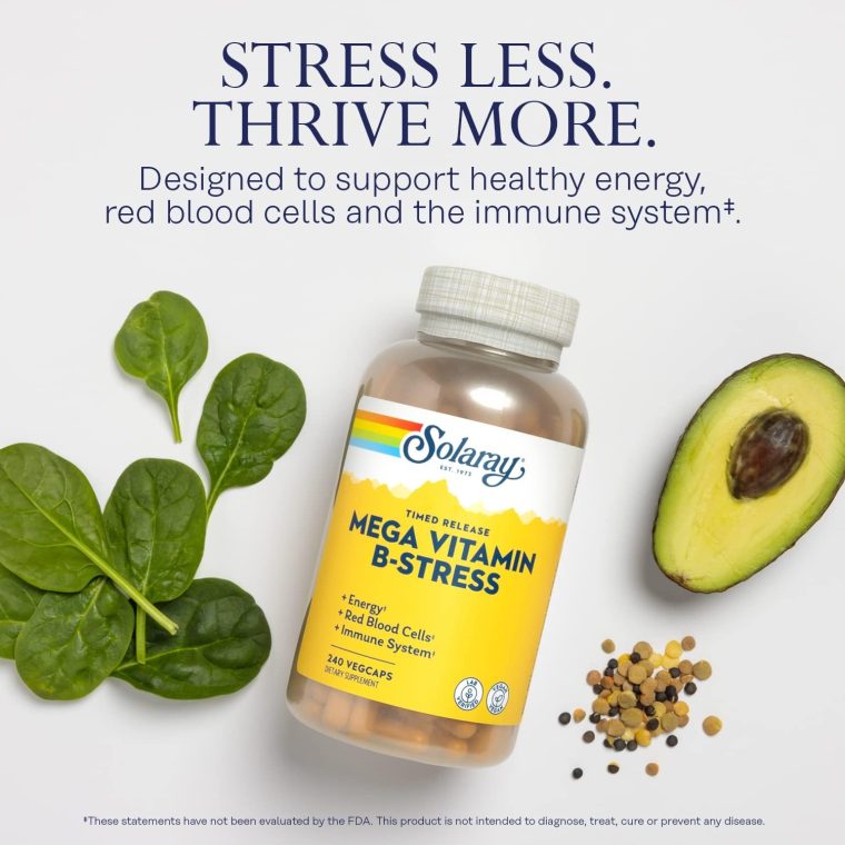 SOLARAY Mega Vitamin B-Stress - Timed Release Vitamin B Complex w/Vitamin B12, B6, Folic Acid, VIT. C - Stress, Energy, Red Blood Cell, Immune Support - Vegan, 60-Day Guarantee (240 CT) - Image 3