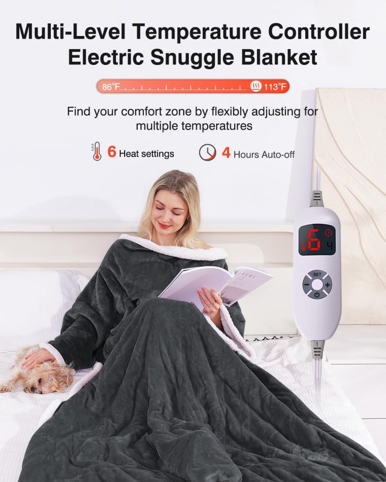 Wearable Heated Blanket with Sleeves, Electric Heated Blanket for Gifts, Electric Throw Wrap Poncho Shawl with Pockets, 6 Heating Levels & 4 Hours Time Settings, 50 x 70 Inch (Grey) - Image 2