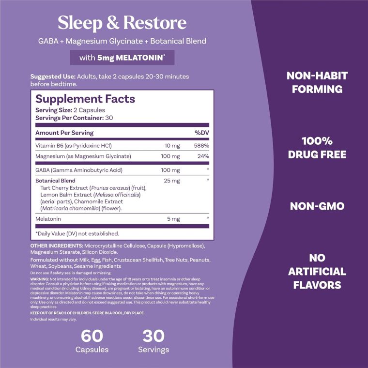 Natrol Sleep & Restore Capsules - Calm Magnesium Glycinate Blend, Magnesium Sleep Aid with GABA, Melatonin 5mg, Botanical Blend, 30 Day Supply - Image 5