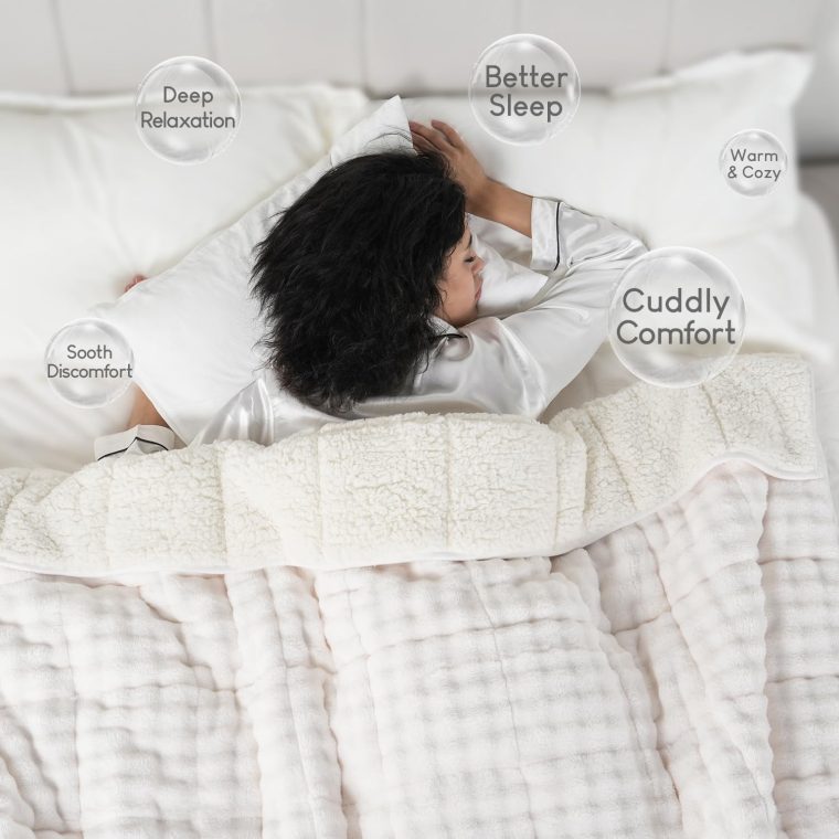 Cottonblue Weighted Blanket 15lbs Bubble Faux Fur Plush Sherpa Weighted Blankets for Adults, Fits Queen Size Bed, Cute Fuzzy Warm Heavy Blanket for Calm and Better Sleep, 60"x80", Cream White - Image 2