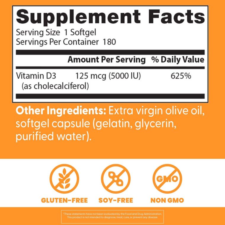 Doctor's Best Vitamin D3 5000IU, Non-GMO, Gluten & Soy Free, Regulates Immune Function, Supports Healthy Bones, White, No Flavour, 180 Count - Image 4