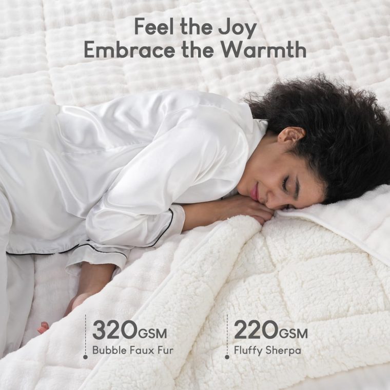 Cottonblue Weighted Blanket 15lbs Bubble Faux Fur Plush Sherpa Weighted Blankets for Adults, Fits Queen Size Bed, Cute Fuzzy Warm Heavy Blanket for Calm and Better Sleep, 60"x80", Cream White - Image 3