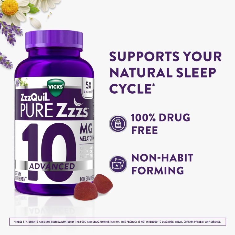ZzzQuil Pure Zzzs Advanced Melatonin Gummies, Melatonin 10mg, Sleep Aid, with Chamomile & Lavender, Melatonin Sleep Gummies, Sleep Aids for Adults, Berry Flavored, 100 Sleep Gummies - Image 3