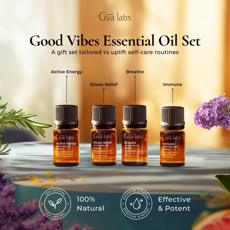 Gya Labs Good Vibes Essential Oil Set, Essential Oils for Diffusers, Self-Care, Skin, Candle Making & Gift Set - Peppermint, Rosemary, Rose Geranium, Lemongrass, Roman Chamomile - 8 x 0.17 fl oz - Image 2