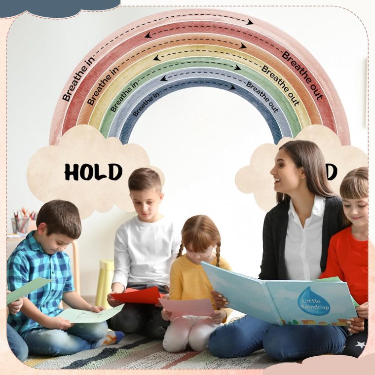 Janlaugh Large Calming Corner Classroom Poster Rainbow Breathing Poster Breath Calm Anxiety Sensory Sticker Mindfulness Breathing Exercise for School Office Classroom Home Playroom Wall Decoration - Image 5