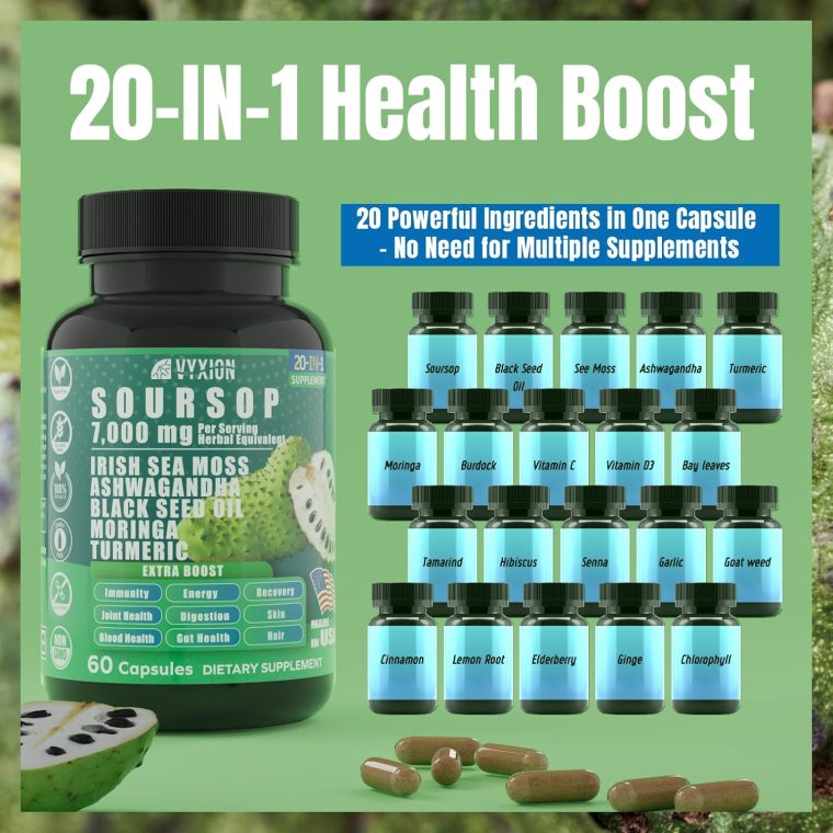 Soursop Graviola Supplement with Sea Moss, Moringa, Turmeric, Black Seed Oil, Oregano, Ashwagandha | 20-in-One Herbal extracts for Overall Health-Enhancing | Vegan, Non-GMO | 60 Capsules - Image 2