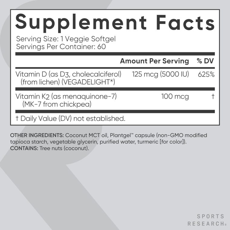 Sports Research® Vegan D3 5000iu with Vitamin K2 100mg - Formulated with Coconut MCT Oil - Vegan Certified, Soy & Gluten Free - 60 Softgels - Image 5