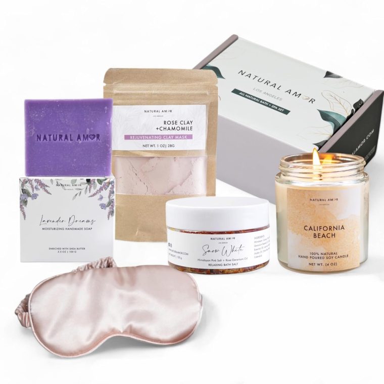 Natural Amor Spa Gift Set for Women – Handmade Lavender Soap, Rose Clay Mask, Candle, Rose Bath Salt & Sleep Mask – Relaxing Self Care Kit, Birthday Gift Box for Her - Image 3