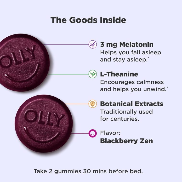 Olly Sleep Gummy, 3mg Melatonin, L-Theanine, Chamomile, Lemon Balm, Sleep Aid, BlackBerry, 90 Count - Image 3