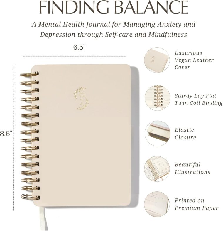 FINDING BALANCE Mental Health Journal – 6-Month Daily Journal with Prompts for Mindfulness, Self-Care & Healing – Anxiety & Depression Relief – Beige Spiral - Image 2