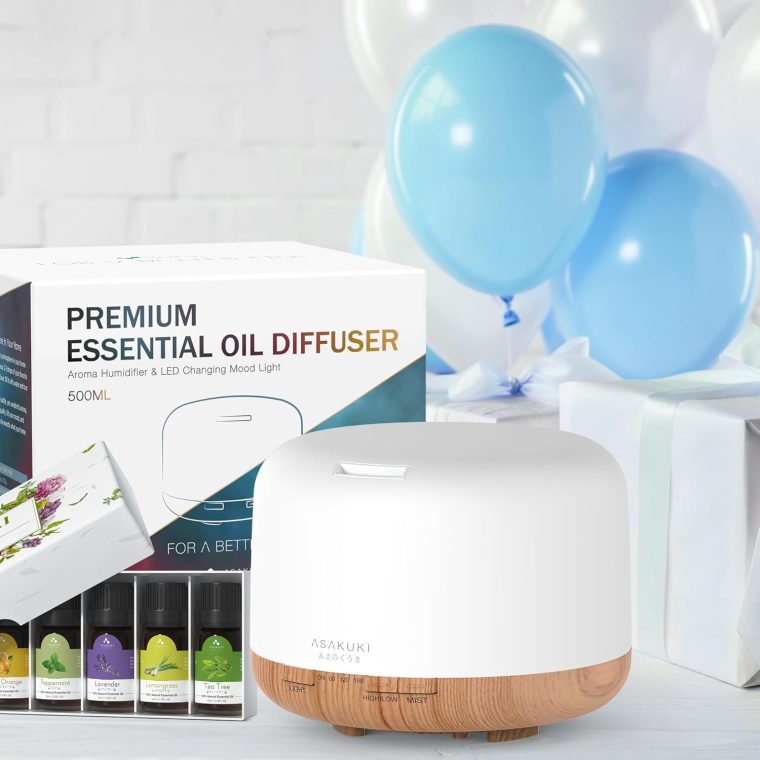 ASAKUKI Oil Diffuser with Essential Oils Set, 500ml Aromatherapy Humidifier with 14 LED Colors & Auto Shut-Off - 6 Oil Gift Pack(Lavender Eucalyptus Tea Tree Orange Peppermint Lemongrass) - Image 6