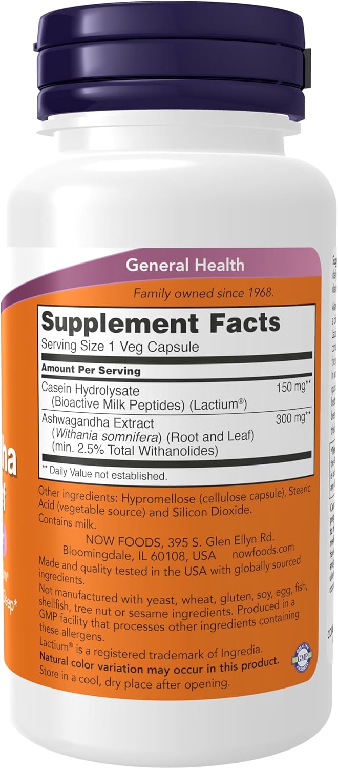 NOW Foods Supplements, Ashwagandha Stress Relief, Mood and Sleep Support*, with clinically Studied Lactium®, Promotes Relaxation and restful Sleep*, 60 Veg Capsules - Image 2