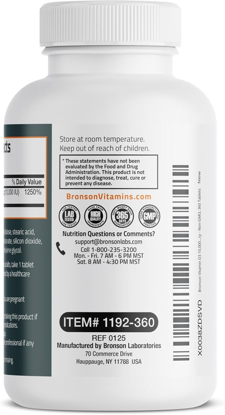 Bronson Vitamin D3 10,000iu (250mcg) 1 Year Supply for Healthy Muscle Function and Immune Support, Non-GMO, 360 Tablets - Image 7