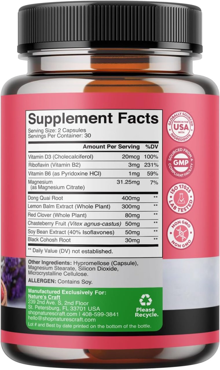 Complete Herbal Menopause Supplement for Women - Female Hormone Balance Capsules for Night Sweats, Hot Flashes & Mood Swings with Dong Quai, Chaste Berry & Black Cohosh Root - 60 Count Pack - Image 3
