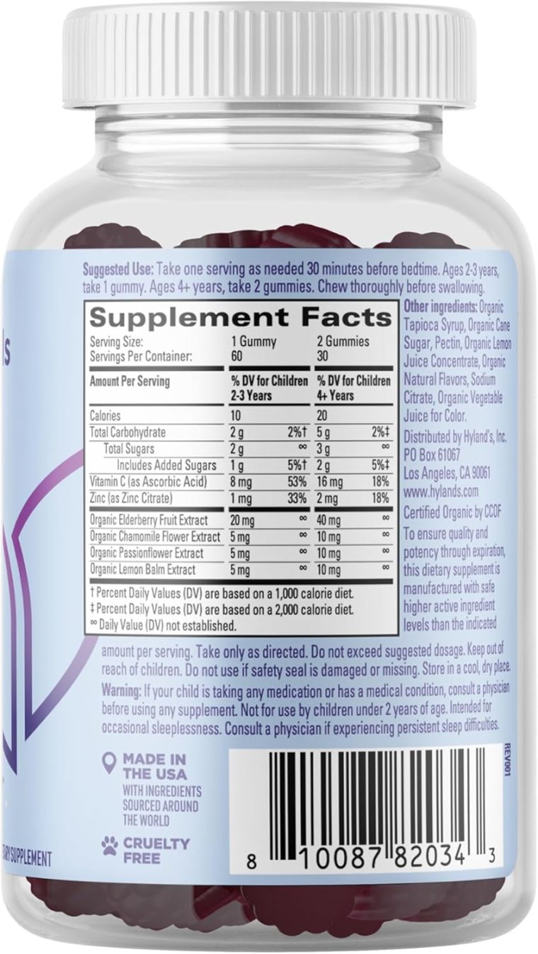 Hyland's Kids Melatonin Free Organic Sleep Aid Gummies with Calm & Immune Support - with Vitamin C, Zinc, Elderberry, Lemon Balm & Chamomile, Helps with Sleeplessness & Restlessness, 60 Vegan Gummies - Image 5