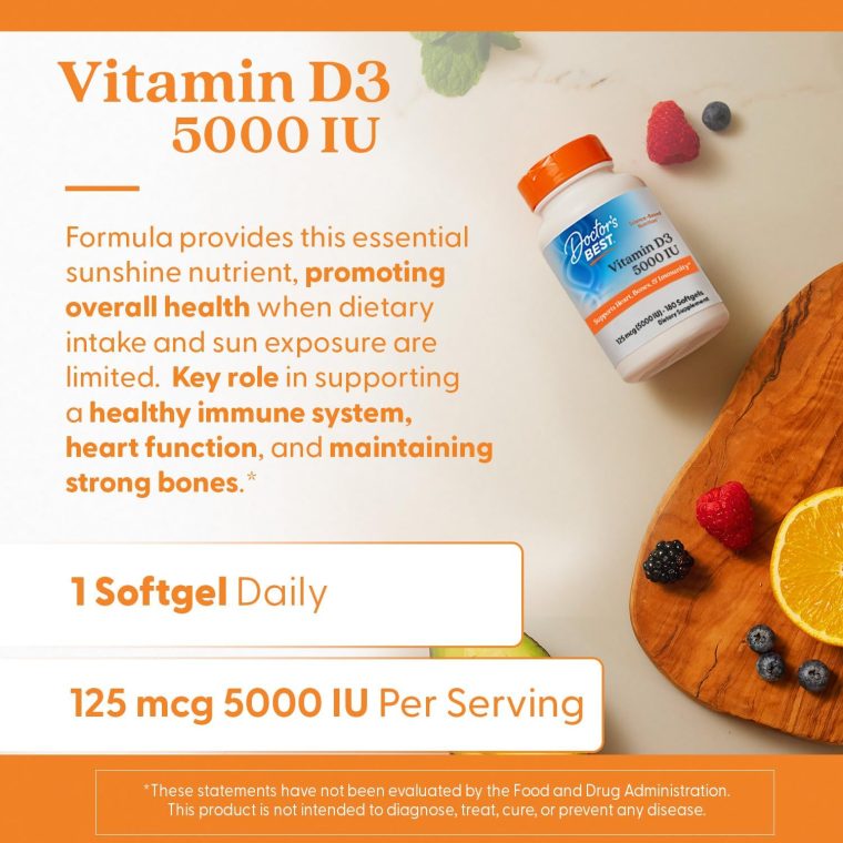 Doctor's Best Vitamin D3 5000IU, Non-GMO, Gluten & Soy Free, Regulates Immune Function, Supports Healthy Bones, White, No Flavour, 180 Count - Image 5