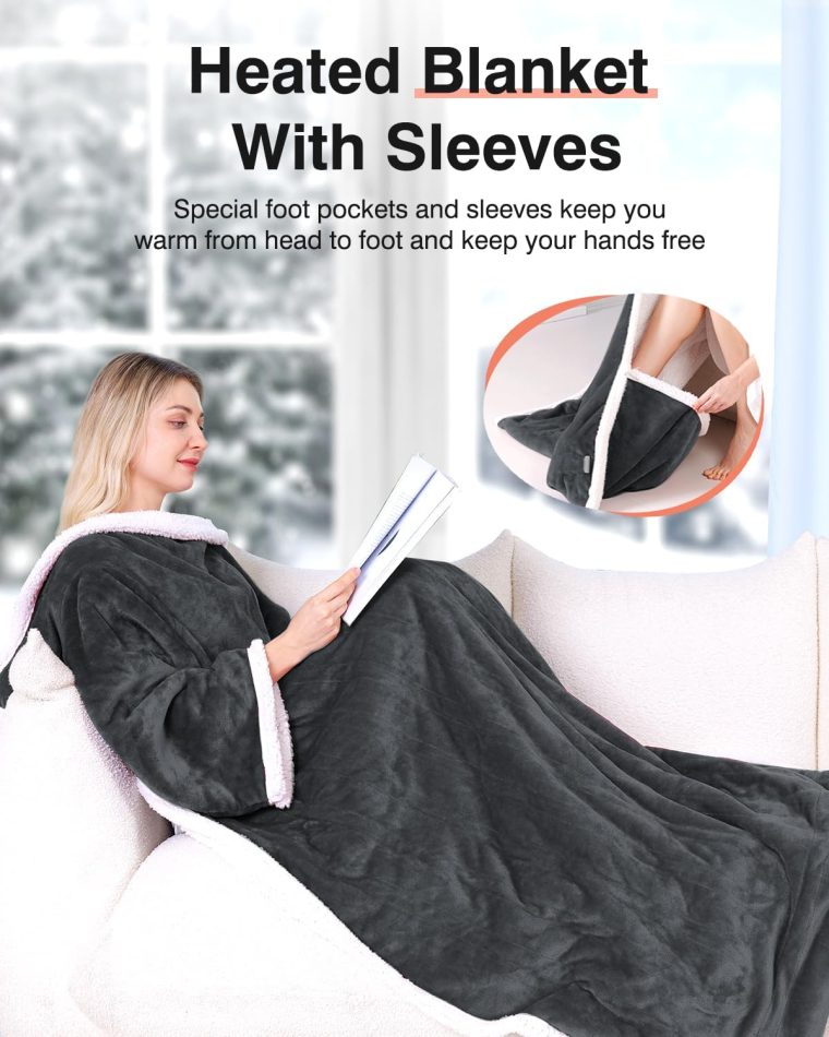 Wearable Heated Blanket with Sleeves, Electric Heated Blanket for Gifts, Electric Throw Wrap Poncho Shawl with Pockets, 6 Heating Levels & 4 Hours Time Settings, 50 x 70 Inch (Grey) - Image 3