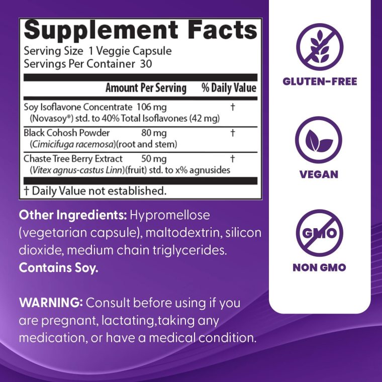 Doctor's Best Womens Menopause Support (Soy Isoflavone, Black Cohosh, Chaste Tree), Multi-Symptom Relief, Non-GMO, Gluten Free, Vegan 30 Veggie Caps - Image 3