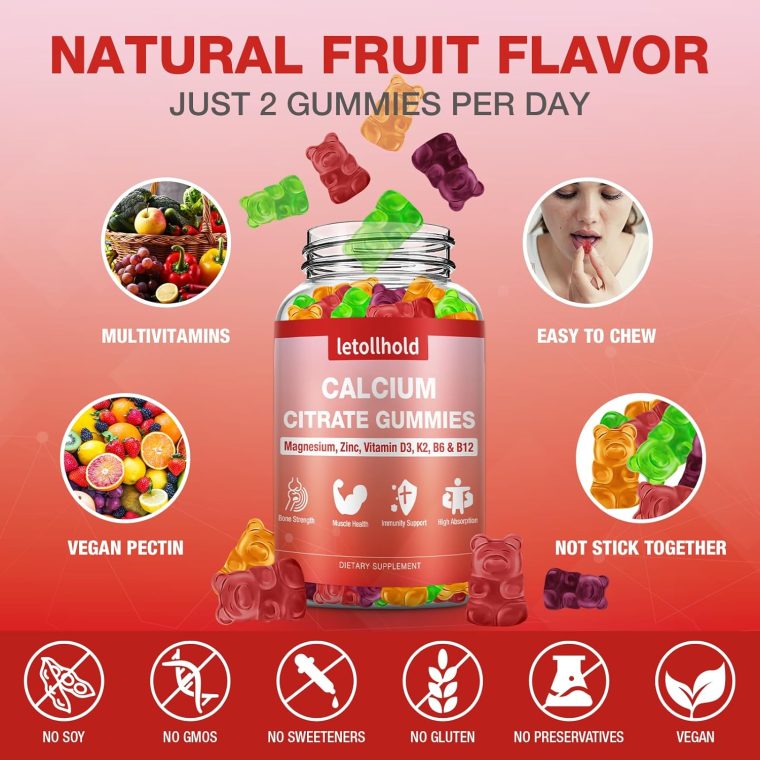 Calcium Citrate Gummies - 1200mg Calcium Gummies with Magnesium Zinc Vitamin D3,K2, B6, B12 for Bone, Muscle, Joints, Immune Support, High Absorption Calcium Supplements for Women & Men 2 Packs - Image 3