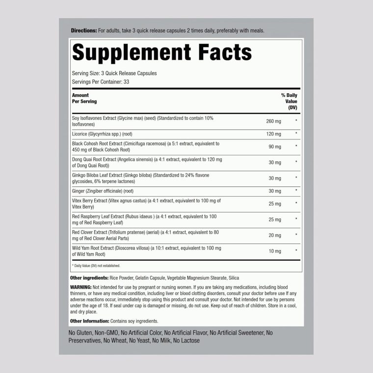 Piping Rock Menopause Support Supplement for Women | 100 Capsules | Advanced Complex Formula | with Black Cohosh, Red Clover, Chasteberry, Donq Quai | Non-GMO, Gluten Free - Image 2