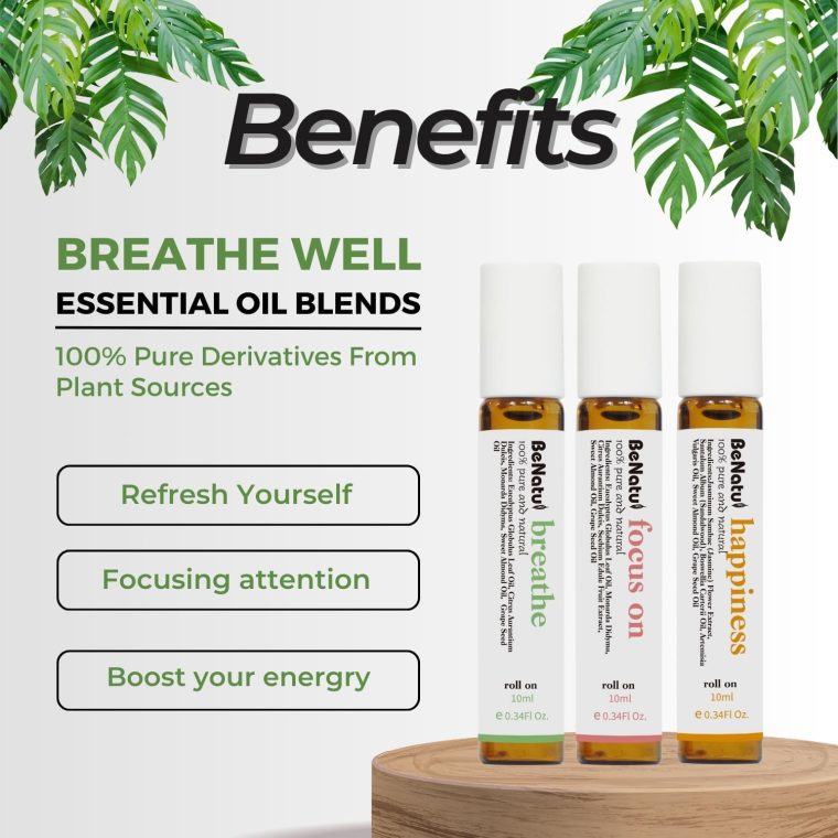 Benatu Essential Oil Blends Set (Breathe, Focus on, Happiness), Natural Aromatherapy Roll On for Massage, Body Skin Care, Home - Natural Fragrance Gift Roller for Women and Men - Image 3