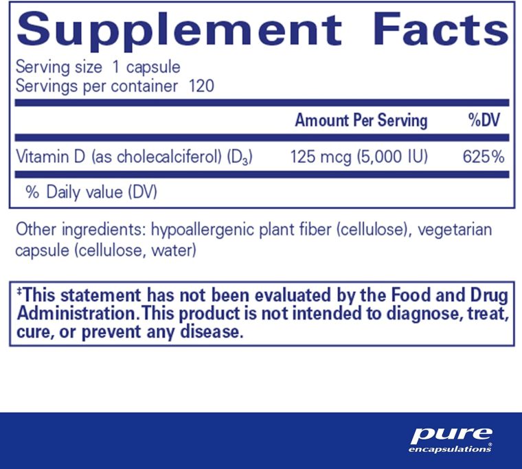Pure Encapsulations Vitamin D3 125 mcg (5,000 IU) - Supplement to Support Bone, Joint, Breast, Heart, Colon, and Immune Health* - with Vitamin D - 120 Capsules - Image 2