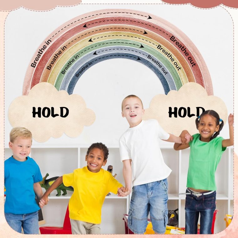 Janlaugh Large Calming Corner Classroom Poster Rainbow Breathing Poster Breath Calm Anxiety Sensory Sticker Mindfulness Breathing Exercise for School Office Classroom Home Playroom Wall Decoration - Image 4