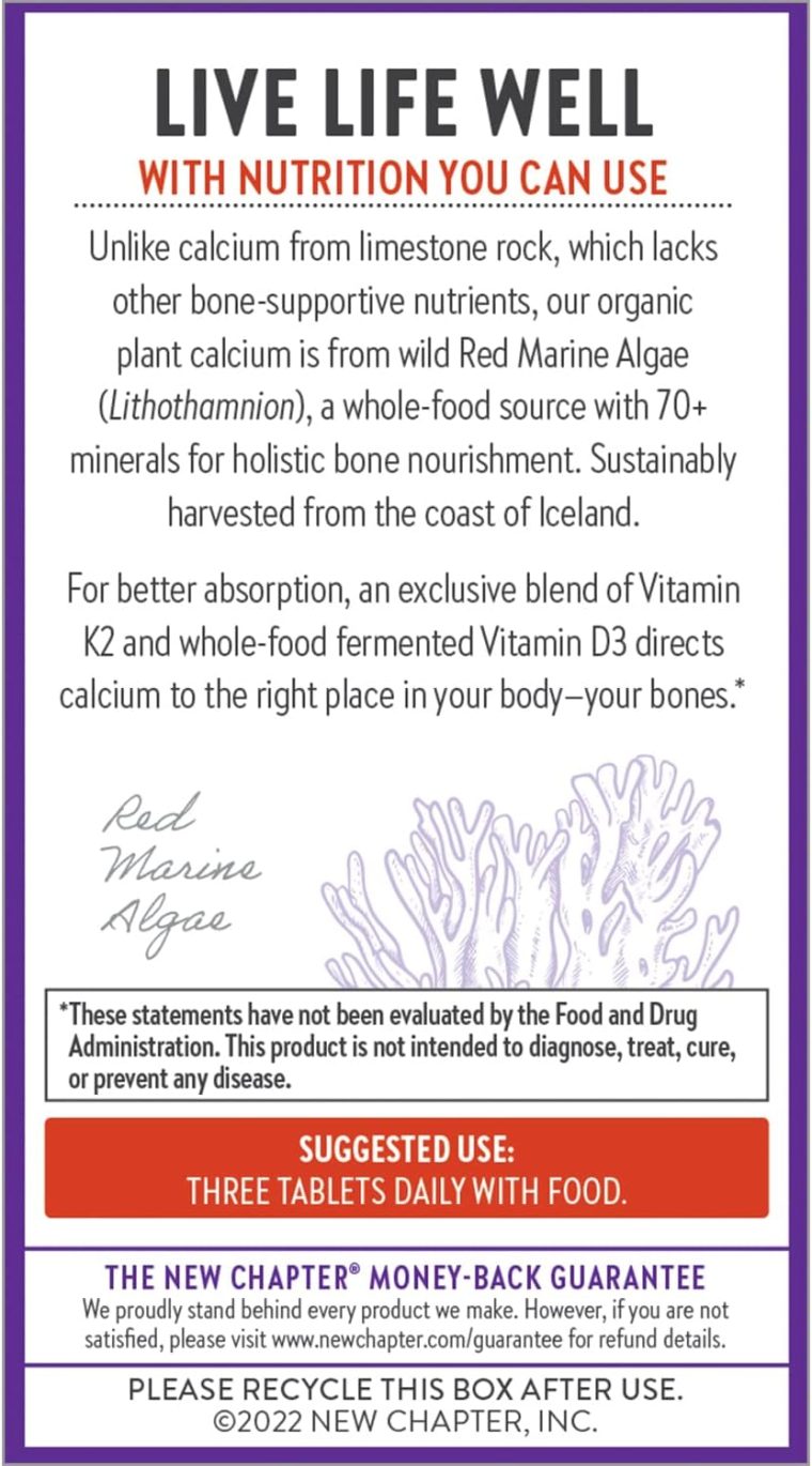 New Chapter Calcium Supplement - Bone Strength Organic Calcium with Magnesium, Vitamin D3+K2, 70+ Trace Minerals for Bone Health, Gluten Free, Easy to Swallow Slim Tablets - 120 Count - Image 7