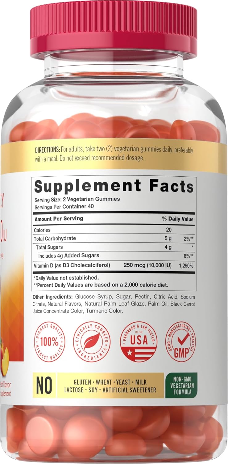 Carlyle Vitamin D3 10000iu Gummies for Adults | 80 Count | Peach Flavored Gummy | High Potency for Women & Men | Vegetarian, Non-GMO, Gluten Free Supplement - Image 2