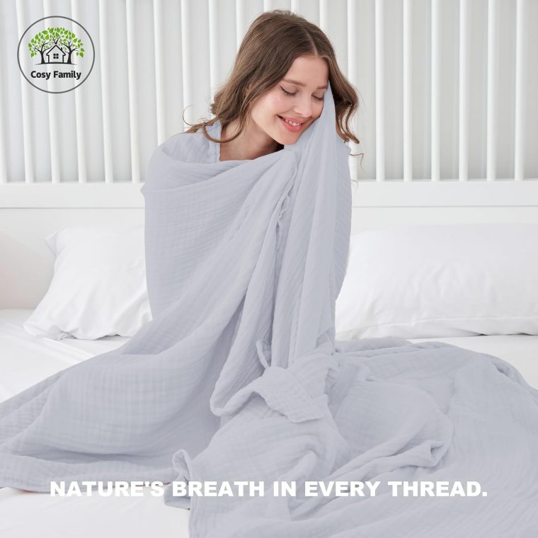 Cosy Family 4 Layer Muslin Bed Blanket - Breathable and Lightweight Gauze Boho Blanket for Spring, Soft 100% Cotton Muslin, Slate, 80x90 Inches - Image 3