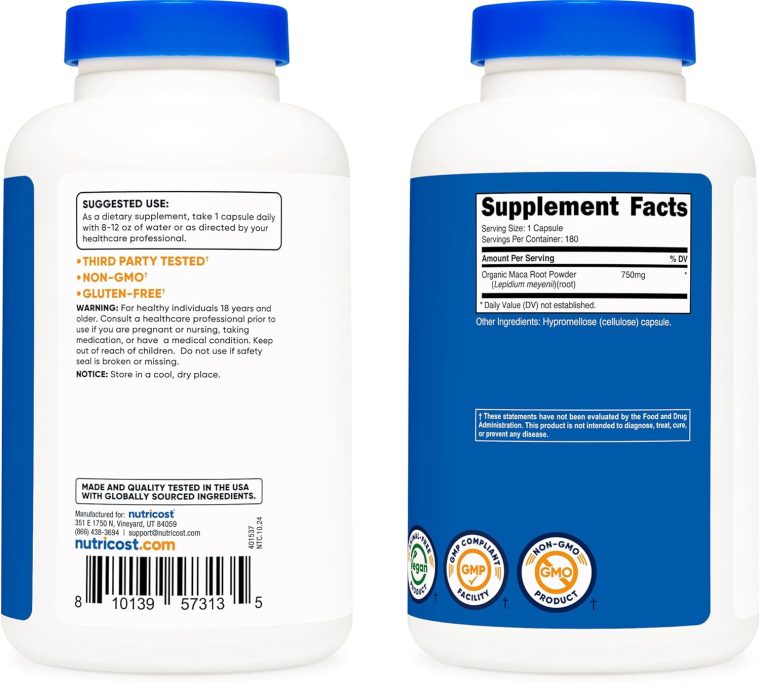 Nutricost Maca Root Capsules (Lepidium meyenii) 750mg, 180 Capsules, 180 Servings - Image 4