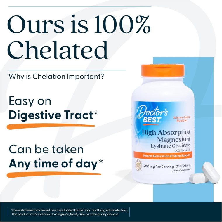 Doctors BEST High Absorption Magnesium Lysinate Glycinate 100% Chelated, Muscle Relaxation & Sleep Support, Non-GMO, Gluten Free, Soy Free, Vegan, 100% Chelated 240 Tablets - Image 5
