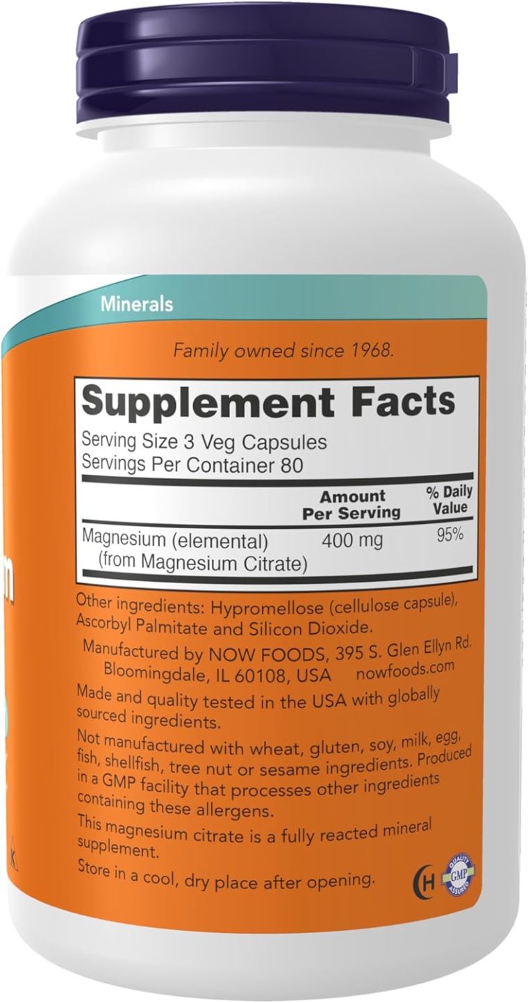 NOW Foods Supplements, Magnesium Citrate, Enzyme Function*, Nervous System Support*, 240 Veg Capsules - Image 3