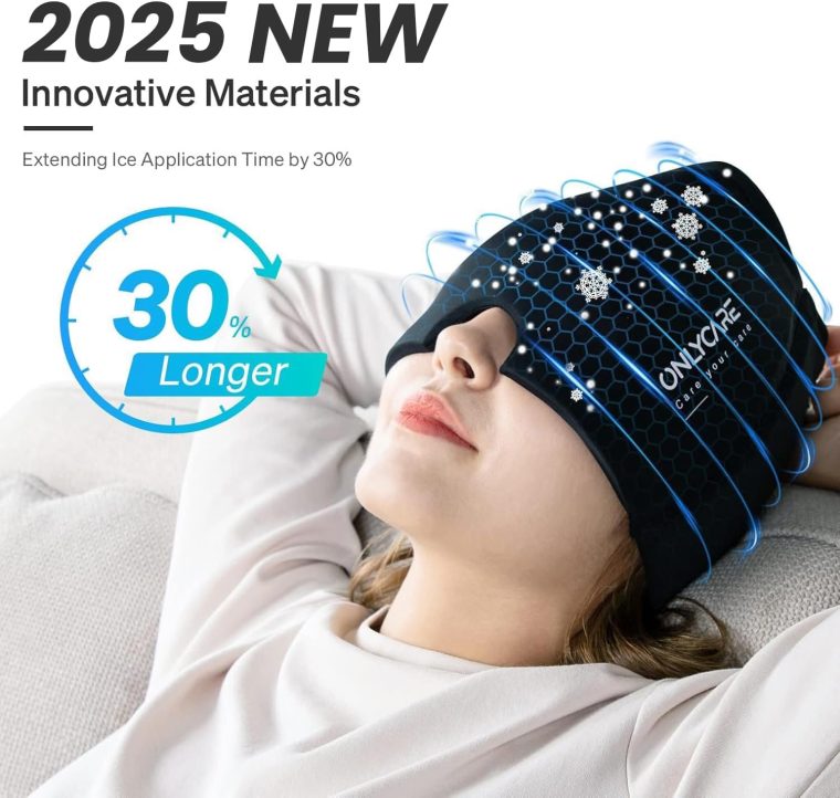 ONLYCARE Migraine Relief Cap,Soothing Migraine Mask,Upgraded Odorless Gel Ice Head Wrap, Hot and Cold Therapy, FSA or HSA Eligible Headache Ice Pack for Tension and Stress(Black) - Image 2