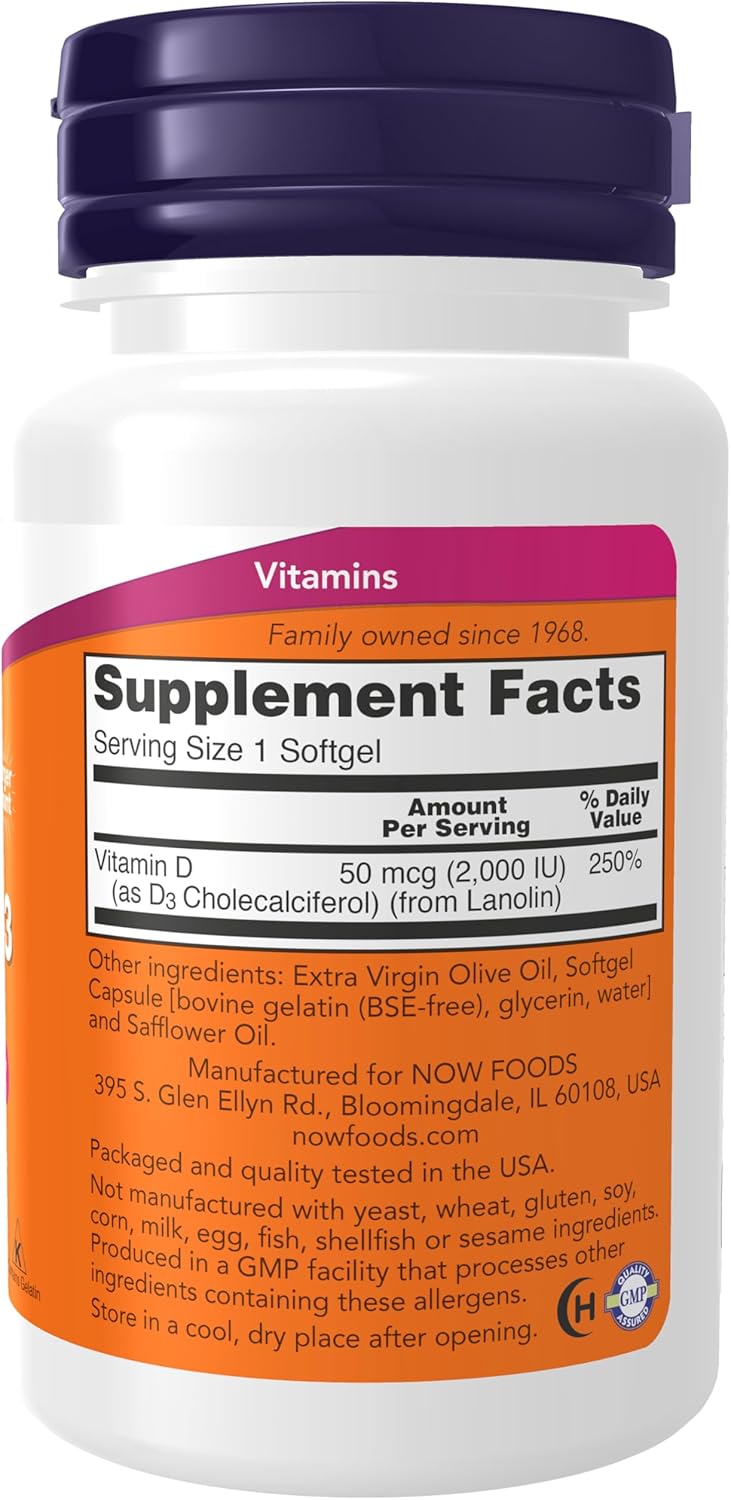 NOW Foods Supplements, Vitamin D-3 2,000 IU, High Potency, Structural Support*, 240 Softgels - Image 2
