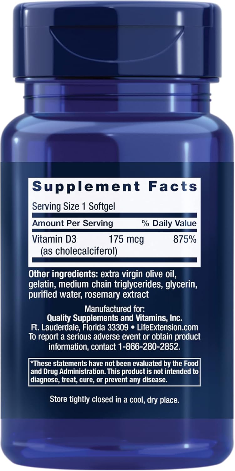 Life Extension Vitamin D3 175 mcg (7000 IU), Immune System Support, Bone Health, Brain Performance, Gluten-Free, Non-GMO, Once Daily, Two-Month Supply, 60 softgels - Image 2