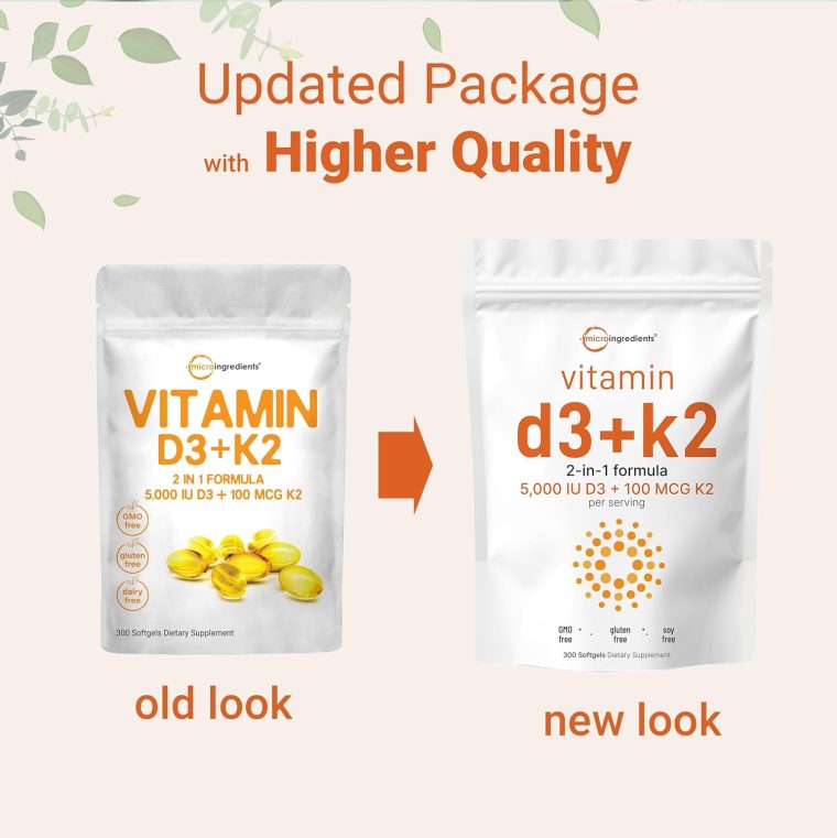 Micro Ingredients Vitamin D3 5,000 IU + K2 MK-7 100 mcg, 300 Softgels | 2-in-1 Bone, Immune & Heart Support | Easy to Swallow, Non-GMO - Image 3