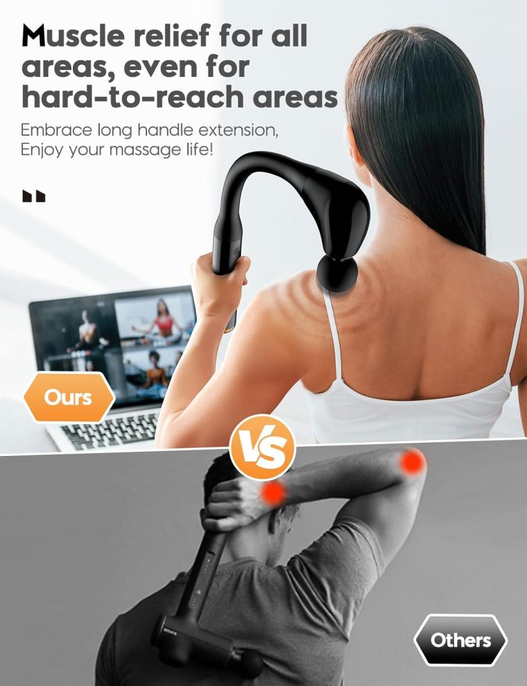 FVZ Massage Gun with Upgraded Extension Handle, 10MM Massage Gun Deep Tissue, Back Massager, Muscles/Neck/Shoulders/Waist/Legs Massager Portable for Pain Relief, 4 Massage Heads & 5 Speed Levels - Image 2