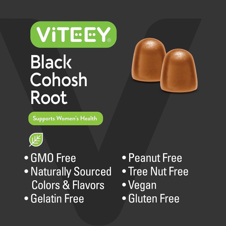 Viteey Black Cohosh for Menopause for Women - Hot Flashes and Night Sweats Relief Supplements - Black Cohosh Root - Vegan, Gelatin Free, Gluten Free, GMO Free - Tasty Chewable Peach Flavored Gummy - Image 5
