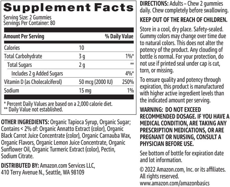 Amazon Basics Vitamin D3 2000 IU Gummies, Orange, Lemon & Strawberry, 160 Count (2 per Serving) (Previously Solimo) - Image 5