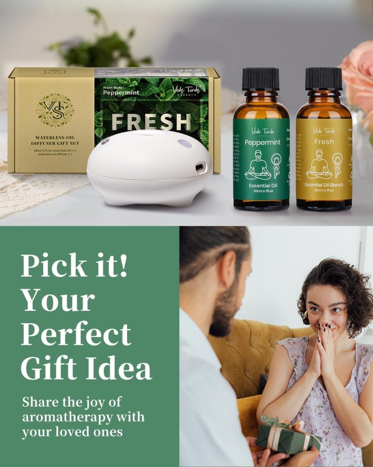 VTS Waterless Diffuser Starter Kit, Small Scent Air Machine for Home Bathroom Kitchen, Aromatherapy Gift Set (1 Fl Oz Peppermint Oil & 1 Fl Oz Fresh Scent Oil Blend & Portable Diffuser) - Image 6