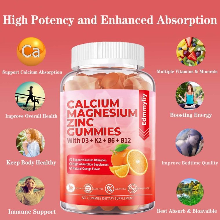 Sugar Free Calcium Magnesium Zinc Supplement Gummies with Vitamin D3 & B12 for Women and Men High Absorption Calcium Magnesium Supplement for Immune Support (120 Counts) - Image 4
