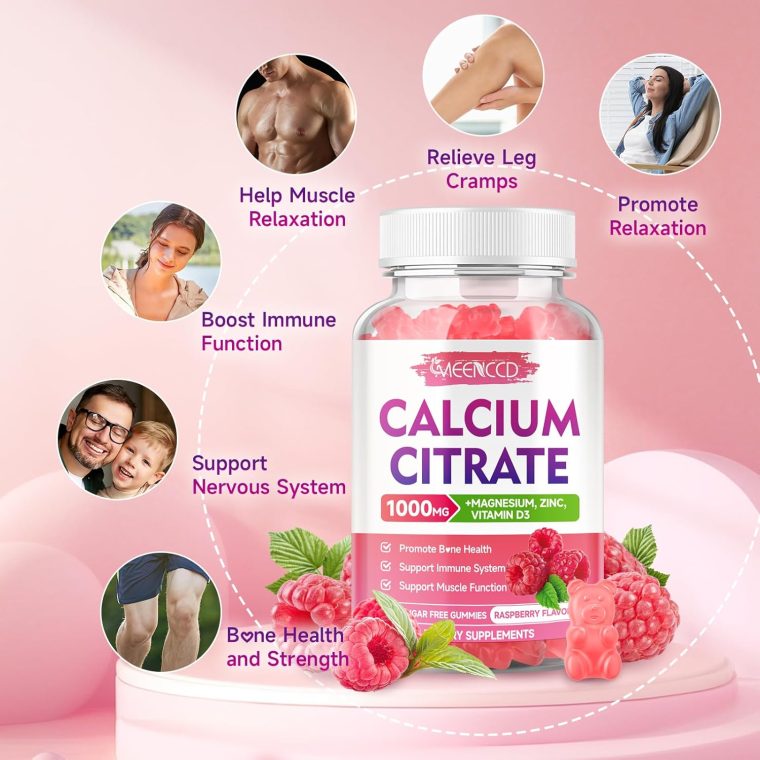 2 Pack Calcium Citrate Gummies 1000mg w/Vitamin D3, High Absorption Calcium Gummies for Women & Men, Plus Magnesium, Potassium, Zinc for Muscle & Immune, Raspberry Flavor, 120 Count - Image 3
