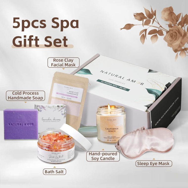 Natural Amor Spa Gift Set for Women – Handmade Lavender Soap, Rose Clay Mask, Candle, Rose Bath Salt & Sleep Mask – Relaxing Self Care Kit, Birthday Gift Box for Her - Image 2
