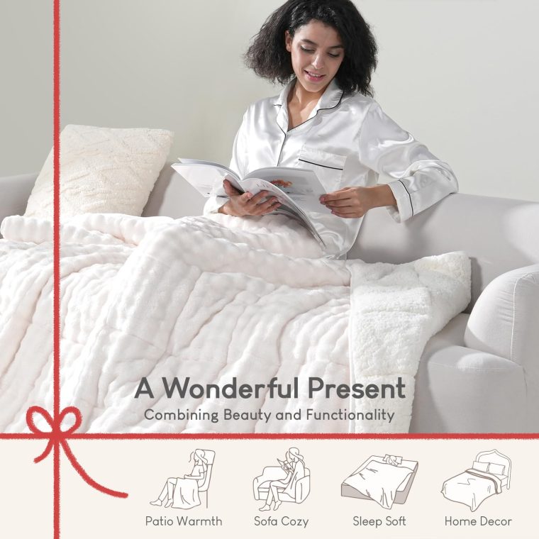 Cottonblue Weighted Blanket 15lbs Bubble Faux Fur Plush Sherpa Weighted Blankets for Adults, Fits Queen Size Bed, Cute Fuzzy Warm Heavy Blanket for Calm and Better Sleep, 60"x80", Cream White - Image 7