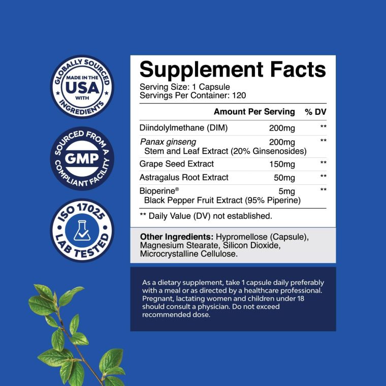 DIM Supplement for Men - DIM Estrogen Blocker for Men for Hormone Balance & Prostate Health - Diindolylmethane Testosterone Complex with Panax Ginseng, Bioperine, Grapeseed & Astragalus - 120 Capsules - Image 2