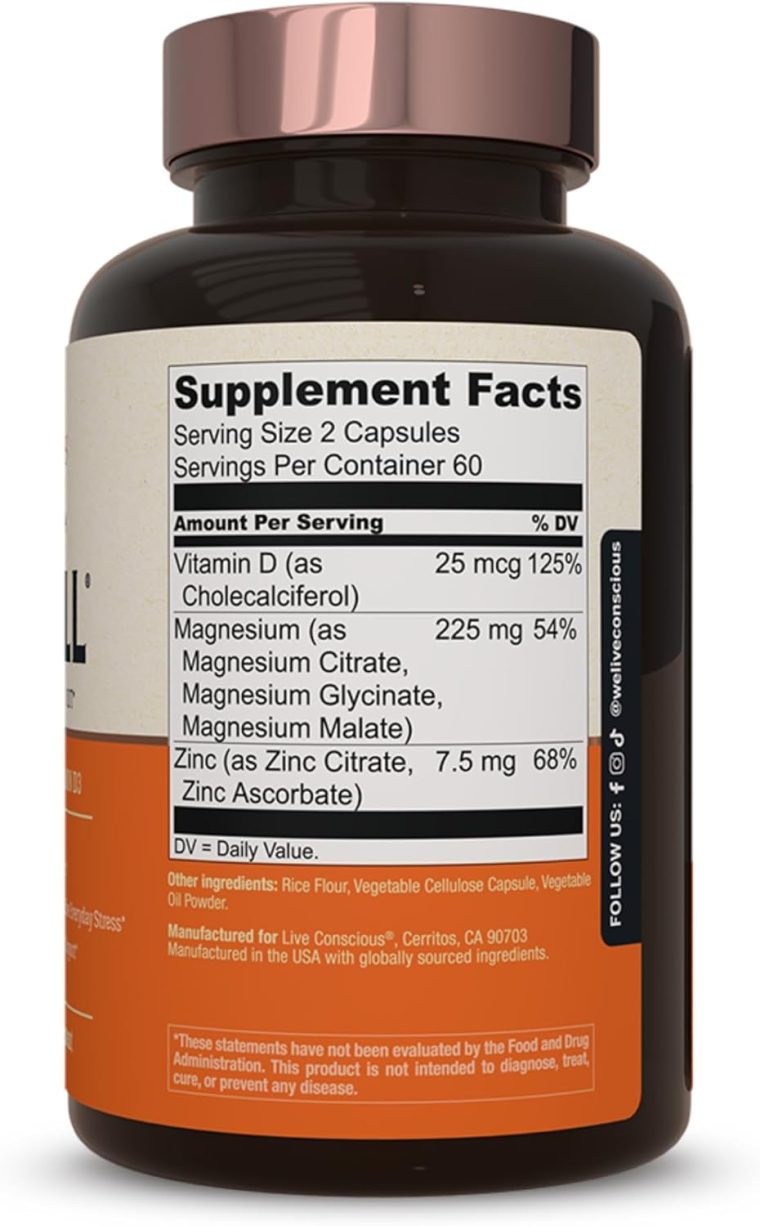 Live Conscious Magwell Magnesium Zinc & Vitamin D3 - Magnesium Glycinate, Malate, & Citrate - Triple Supplement for Women & Men - for Sleep, Bone, Heart, Immune Support - 120 Caps - Image 8