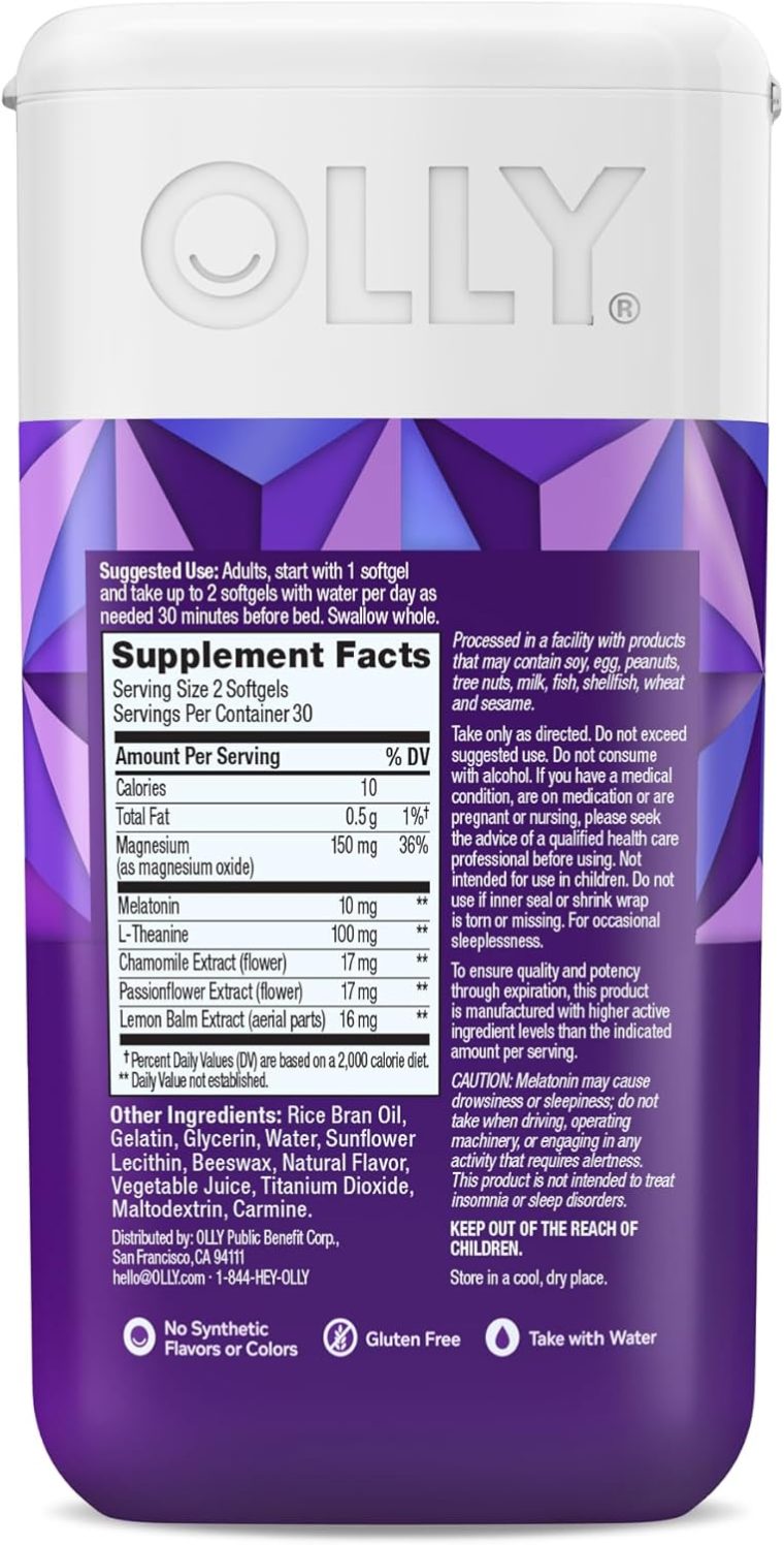 OLLY Ultra Strength Sleep Softgels, 10mg Melatonin, L-Theanine, Chamomile, Magnesium, Lemon Balm, Supports Deep Restful Sleep, Nighttime Sleep Aid, Non Habit-Forming - 60 Count - Image 6