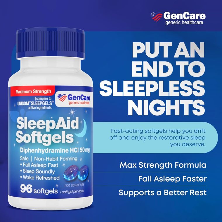 GenCare Maximum Strength Nighttime Sleep Aid Supplement for Adults Deep Sleep Pills with Diphenhydramine HCl 50mg to Fall Asleep Faster- Strong Non-Habit Forming PM Sleeping Relief [96 Softgels] - Image 2