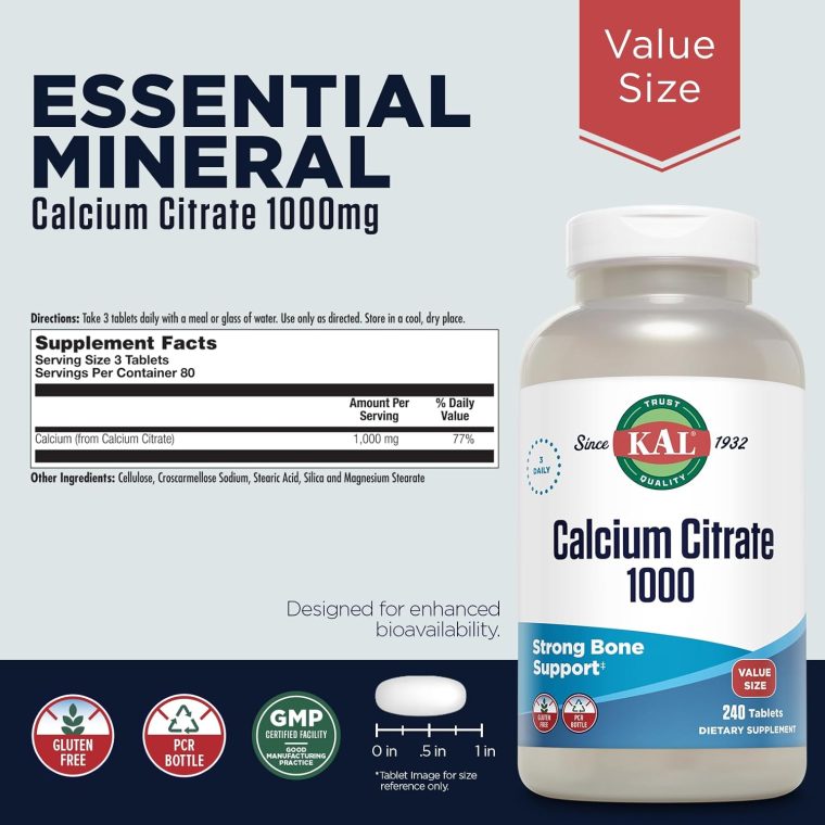 KAL Calcium Citrate 1000mg, Calcium Supplements for Women and Men, Bone Health, Teeth, Nervous, Muscular & Cardiovascular System Support, Gluten Free and Lab Verified, 80 Servings, 240 Tablets - Image 2